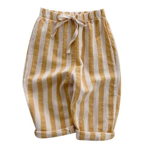 Kiijoy Boys Cotton Linen Striped Pants Casual Breathable Drawstring Pants, Sizes 3-6M