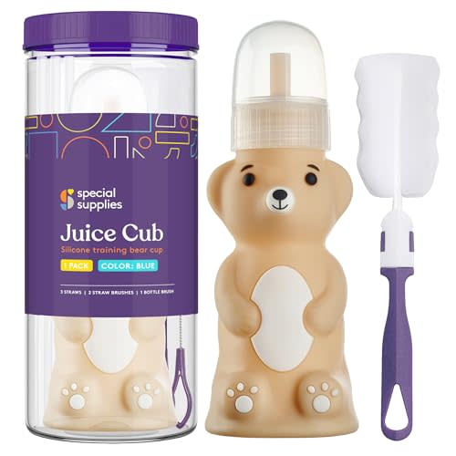 Special Supplies Honey Bear Straw Cup Long Straws, Squeezable Therapy and Special Needs Assistive Drink Container, Spill Proof and Leak Resistant Lid (Pack of 1 Bottle and 3 Straws) (Brown)