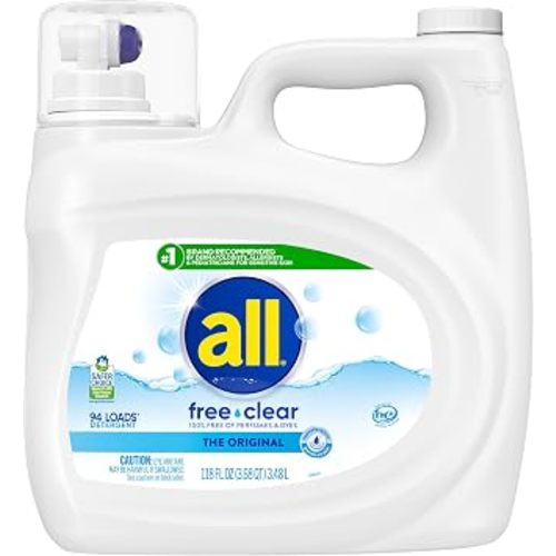 all Liquid Laundry Detergent Free Clear, Unscented, 118 Ounce, 94 Loads | Controls static cling, hypoallergenic formula, dye and fragrance free, dermatologist tested, gentle on skin