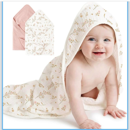 Konssy 2-Pack Muslin Hooded Baby Towels, 100% Cotton, Ultra-Soft & Absorbent Baby Bath Towels with Hood for Newborn & Infant (Pink, Floral,32" x 32")