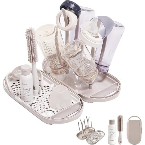 MOTHER-K Travel Baby Bottle Drying Rack Set - Baby Bottle Cleaner Kit with Cleanser and Mini Silicone Bottle Brush, Portable Bottle Drying Rack for Home and Travel (Cream Mocha)