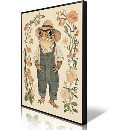 Nursery Animal Canvas Wall Art, Toad In Overalls Poster, Rustic Frog and Wild Flowers Painting, Cozy Folk Art Print, Farmhouse Animal Botanical Floral Painting for Kids Room 12x16in Unframed