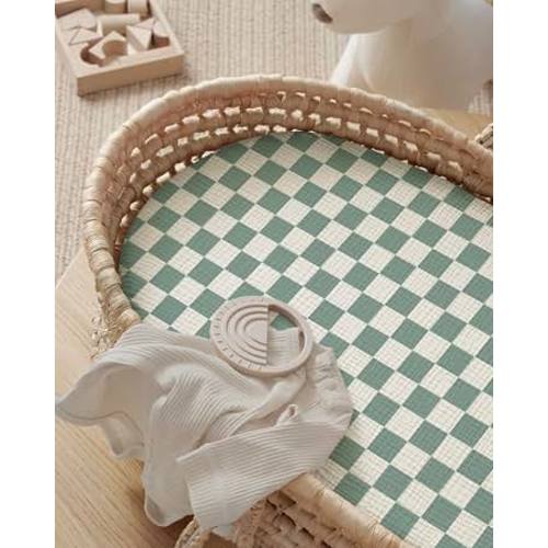 Amazon.com: Blissful Diary Muslin Bassinet Sheets, 2 Pack, Sage Checkboard & Sage Green | fitted for bassinet mattress, soft and breathable cotton, boho style, easy care for machine wash, gift for boy and girl