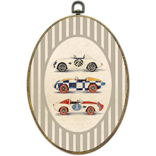 Drezimo Vintage Race Car Oval Canvas Wall Art