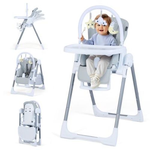 Baby High Chair, Foldable Highchair with 7 Heights, 5 Recline Positions and Removable Double Tray with Toys