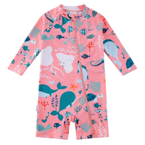 upandfast Baby/Toddler Girl Swimwear Swimsuit Full Zipper Infant One Piece Sunsuit UPF50+(3-6 Months,Pink Whale)