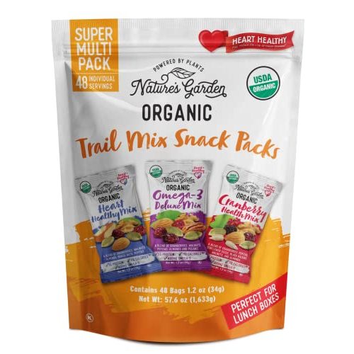 Nature's Garden Organic Trail Mix Snack Packs - 57.6oz (48 x 1.2oz Individual Servings) Trail Mix Variety, Energy Boosting, Heart Healthy, Omega-3 Rich, Cranberries, Pumpkin Seeds, Family Snack Pack
