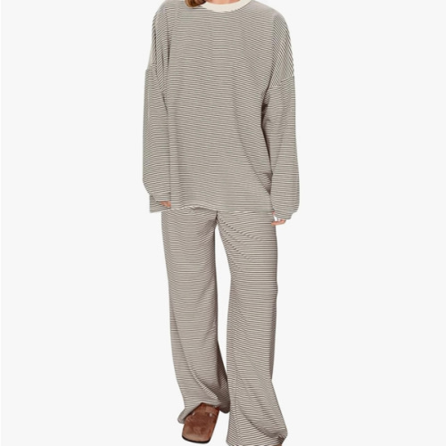 MISSACTIVER Women's 2 Piece Striped Lounge Set Long Sleeve Oversized T-Shirt Wide Leg Pants Matching Pajamas Set