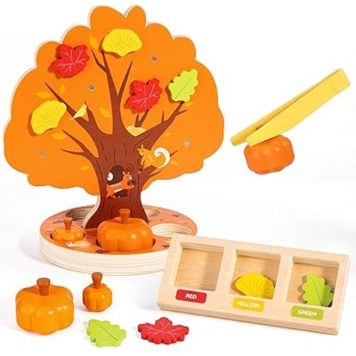 Woodtoe Montessori Toys for 3 4 5 6 Year Old, Pumpkin Picking Magnetic Leaves Tree Toy, Toddler Fine Motor Skill Toy, Wooden Sensory Color Sorting Toys, Autumn Pumpkin Toy Birthday Gifts for Kids 3-6