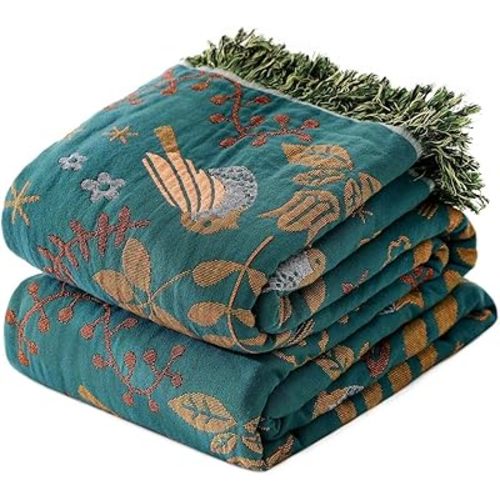 Boho Throw Blanket for Bed 100% Cotton Soft Quilt Spring Lightweight Blanket Bird Floral Embroidery Room Decor Twin Bed Blankets,60"x80" All Season Breathable Throw for Sofa&Couch Chair