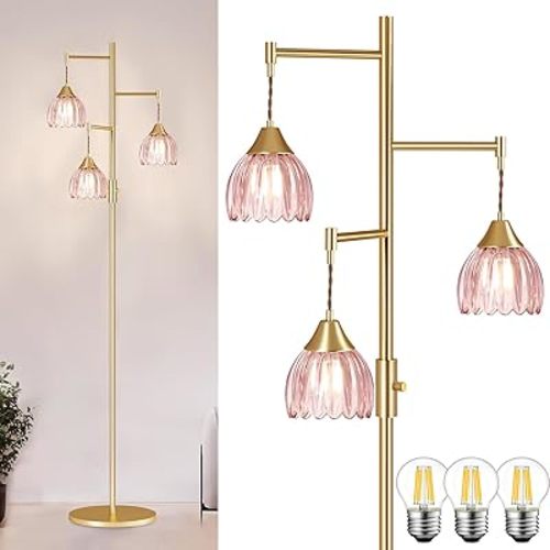 Dimmable Floor Lamp for Living Room, Bedroom, Gold Standing Lamp with 3pcs 6W Bulbs, Vintage Brass Floor Lamps for Corner, Nursery (Pink Tulip)