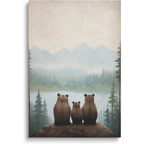Rustic Bear Family Canvas Wall Art, Forest Animal Print, Woodland Nursery Wall Decor, Landscape Toddler Room Decor for Boy's Bedroom, Baby Girl's Room, Framed 16"x24"
