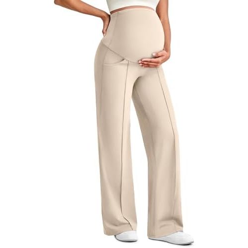 G4Free Maternity Dress Yoga Pants with Pockets Over The Belly Stretchy Work Slack Pregnancy Wide Leg Lounge Trousers