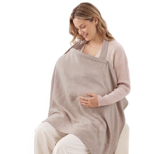 Blissful Diary Muslin Nursing Cover for Breastfeeding, Breathable Breastfeeding Cover up with Arch Neckline for Women, Nursing Apron (Dotted Agreeable Gray)