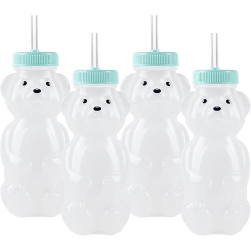 Honey Bear Straw Cups for Babies 4 pack, 8oz straw bear cup with improved safety lid design, honey bear cup and honey bear bottle. Straw learning therapy cup. Leak-Proof & Food-Grade & BPA Free