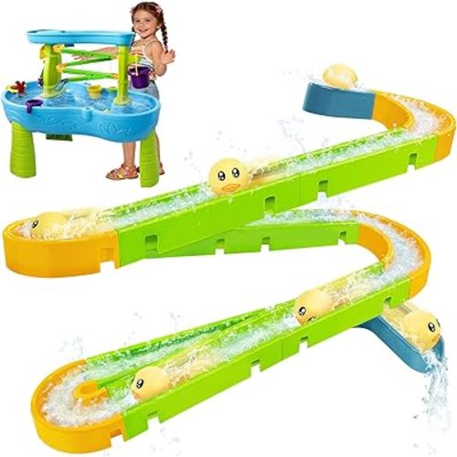 Water Slide Toys for Step2 Rain Showers Water Table Accessories, Quick-Install Summer Outdoor Water Play Table Toys Track Building Set with 6 Duck-Face Rolling Balls for Toddlers Kids Ages 3+