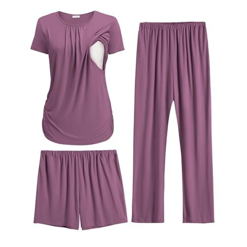 Ekouaer Maternity Nursing Pajamas Set 3 Piece Postpartum Breastfeeding Pjs | Short Sleeve Shirts, Adjustable Shorts and Pants, Pregnancy and Postpartum, Lounge Set, Soft and Comfy