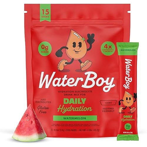 Waterboy Daily Hydration | 1,570mg Electrolyte Powder Packets | No Sugar, All Natural, Gluten Free, Zero Calories | 15 Drink Stick Mixes (Watermelon)