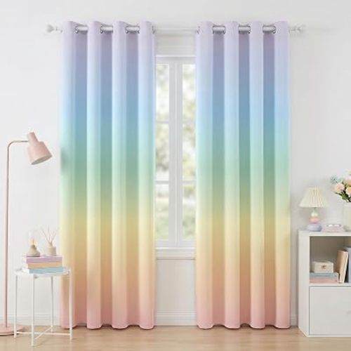 Pastel Rainbow Ombre Blackout Curtains - 100% Blackout, 2 Panels, Each W52×L84, Thermal Insulated, Noise Reducing, Ombre Curtain for Girls Room, Sweet and Dreamy Design