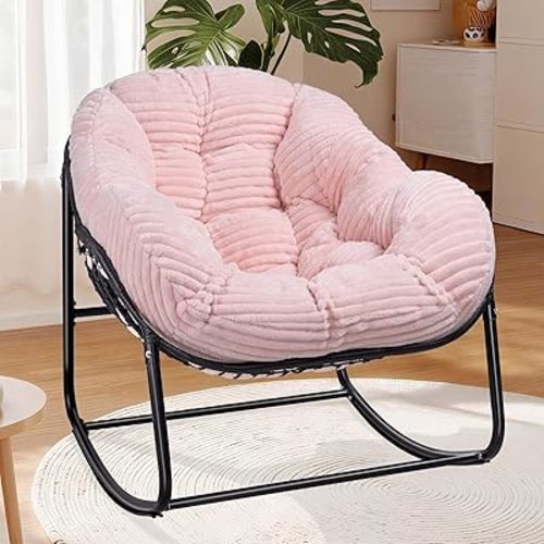 Indoor Rocking Chair, Oversized Outdoor Lounge Chair with Thick Corduroy Cushion & Straps, Wicker Modern Comfy Rocker Egg Chair for Living Room, Bedroom, Porch and Courtyard, Pink