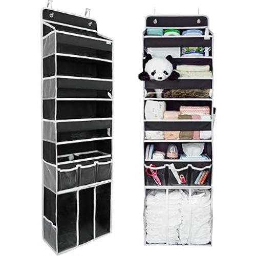 Door Hanging Storage Organizer,with 3 Bins 1 Movable Baby Diaper Caddy,1 Large capacity diaper stacking storage Organizer,10 Side Pockets ,Bedroom Door Storage for Nursery Baby Essentials. (Dark grey)