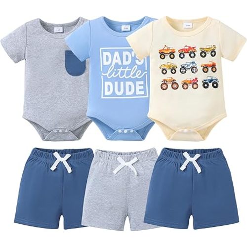 Jecson Newborn Boy Clothes Baby Boy Outfits Summer Set 6-Piece Cotton Short Sleeve Top and Shorts for 0-18M