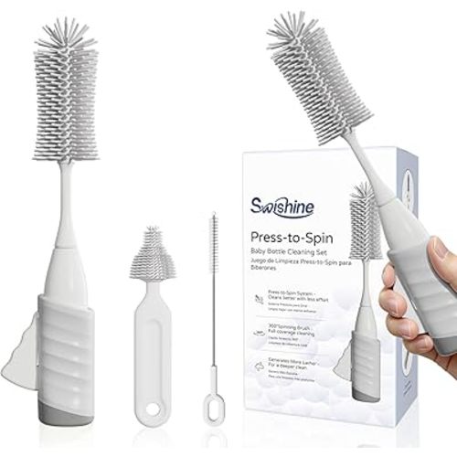 Baby Bottle Brush Set, Innovative Efficient Press-to-Spin Brush Cleaner - Includes Silicone Bottle Brush, Nipple Brush, Straw Cleaner - Spinning Generates Rich Foam for Deep Cleaning, Gray