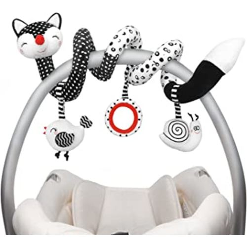 Euyecety Baby Spiral Plush Toys, Black White Stroller Toy Stretch & Spiral Activity Toy Car Seat Toys, Hanging Rattle Toys for Crib Mobile, Newborn Sensory Toy Best Gift for 0 3 6 9 12 Months Baby-Fox