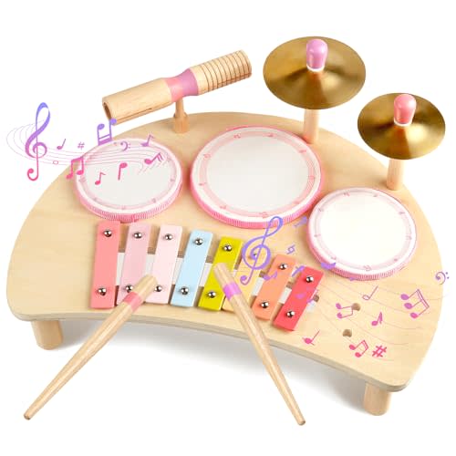 Kids Drum Set, Montessori Toys Wooden Musical Instruments for Baby Toddlers | Drum Kit with Cymbals & Xylophone, Sensory Toys for Music Learning, Fine Motor Skills, Preschool Birthday Gift for Boys Girls