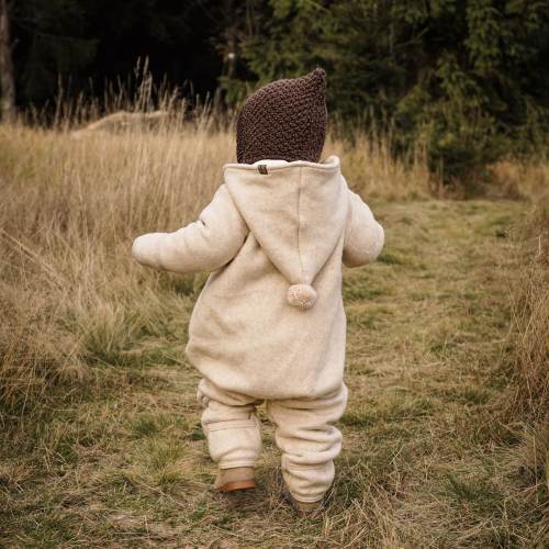 Organic Fleece Baby Overall: Winter Jumpsuit with Pompom Hoodie