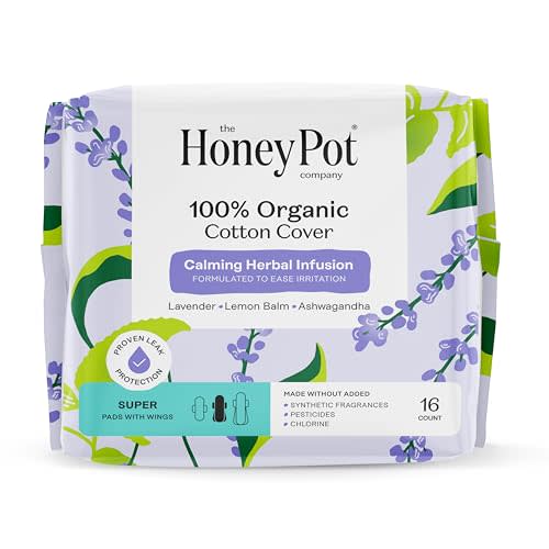 Honey Pot 100% Organic Cotton Cover Calming Herbal Infusion Super Pads, 16 Count