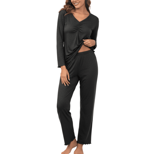 MLDRA Women's Pajama Sets 2 Piece Lounge Set Long Sleeve V Neck Top and Pants Soft Sleepwear Nightwear Pjs Fall Dark Grey