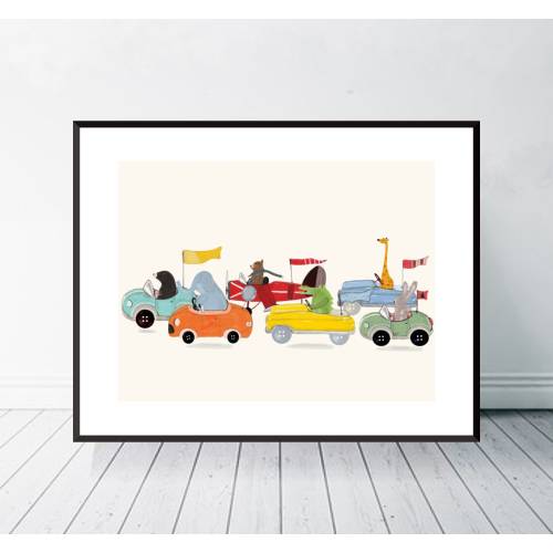Little Racers. Woodland nursery print, Children's wall art, Cute illustrations, Fun nursery art, Baby nursery art, Kids wall art, Whimsical