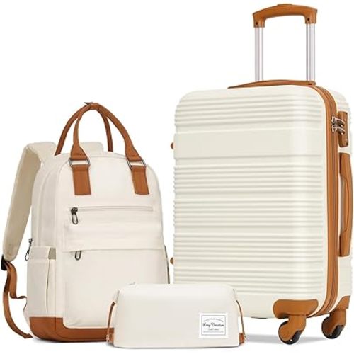 LONG VACATION 3 Piece Carry On Luggage Set with Backpack, 20 Inch Carry Suitcase with Spinner Wheels, ABS+PC Hardshell Suitcase set with TSA Lock & YKK Zipper