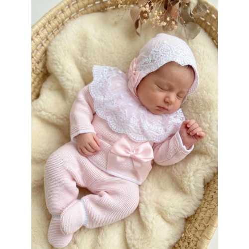 Newborn Girl Tricot Cotton 3 piece set Hospital outfit hypoallergenic Spanish Style