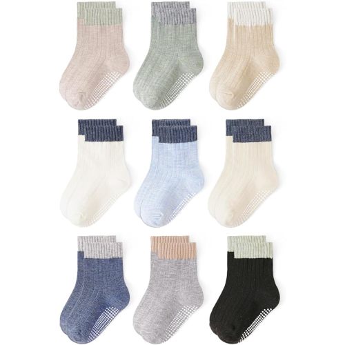 Toddler Non Slip Cotton Crew Socks with Anti-slip Dots for Infant Baby Boys Girls