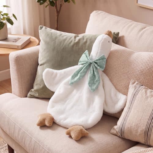 Mindsoft Goose Lovey Blanket with Bow, Baby Security Blanket for Newborn | Soft Flush Material, Infant Toddler Soothing Accessories, Baby Shower Gifts, 16 x 17inch, Lightweight and Portable