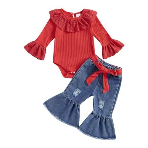 Gaono Toddler Baby Girl Fall Winter Clothes Bell Bottom Denim Outfit Solid Ribbed Romper Flare Jean With Headband 3Pcs Set