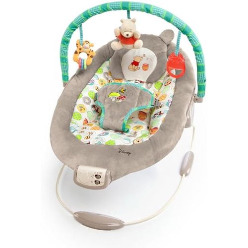 Bright Starts Disney Baby Winnie The Pooh Baby Bouncer Soothing Vibrations Deluxe Infant Seat - Faux Suede, Music, Removable -Toy Bar, 0-6 Months 6-20 lbs (Dots & Hunny Pots)