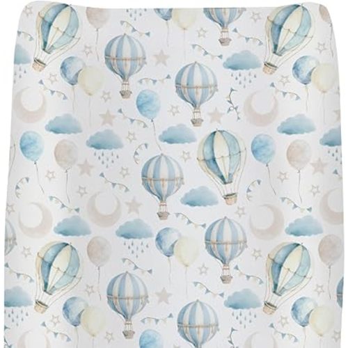 Neutral Blue Hot Air Balloons Baby Changing Pad Covers for Boy Girl Pastel Balloons Moon Stars Clouds Fitted Changing Table Cover Mats Boho Sky Soft Diaper Changing Table Sheets 32''×16''