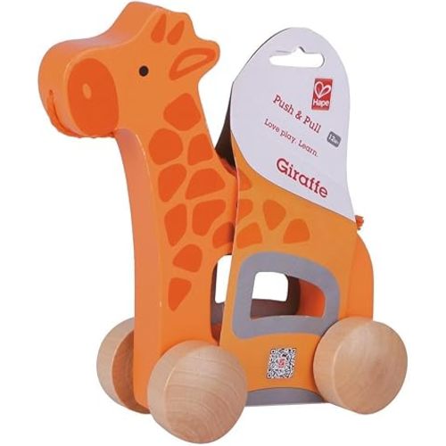 Hape Giraffe Wooden Push and Pull Toddler Toy, L: 5.3, W: 2.4, H: 5.9 inch, Orange