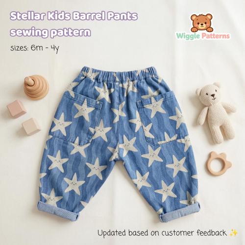Stellar Kids Barrel Pants Sewing Pattern | Baby & Toddler Elastic Waist Pants PDF | Sizes 6m–4Y | Beginner Friendly