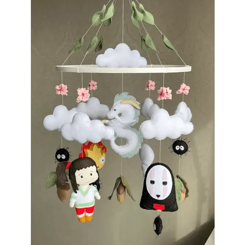 Hayao Miyazaki Anime mobile based on Spirited Away. Dragon Haku and Chihiro/ Kodama and No-Face for anime nursery