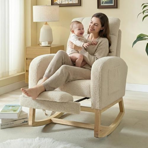 Modern Nursery Rocking Chair, Teddy Upholstered Rocking Chair with Footrest, Comfortable Rocker Recliner with Side Pocket, Rocker Glider for Living Room, Bedroom, Nursing Room (Beige)