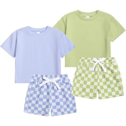 4Piece Baby Boys Summer Set Toddler Cotton Outfits 2 Short-Sleeve Tops + 2 Shorts