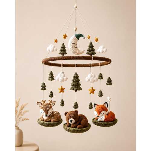 Crochet Sleeping Woodland Baby Mobile, Deer Bear Fox Crib Mobile with Moon Pine Trees Clouds, Forest Nursery Decor, Baby Shower Gift