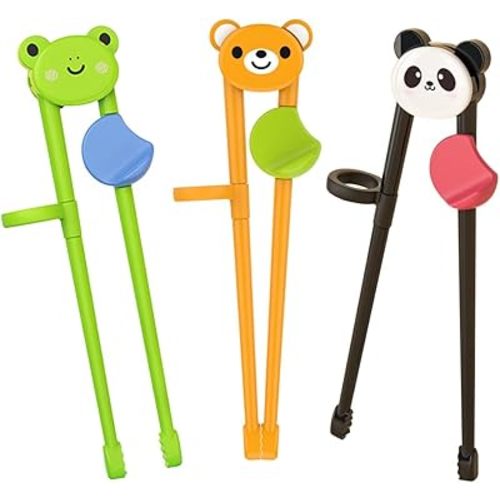 PandaEar 3 Pairs Animal Toddler Training Chopsticks for Kids, Reusable Beginners Learning Chopsticks with Silicone Finger Guide, Frog, Bear & Panda Helpers for Boys and Girls Ages 2-8