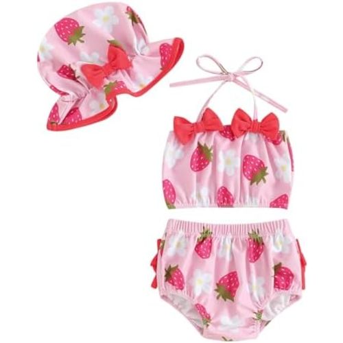 Toddler Baby Girl Swimsuit Two-Piece Bathing Suit Mermaid Bikini Top Trunks Shorts Bathing Suit with Sun Hat