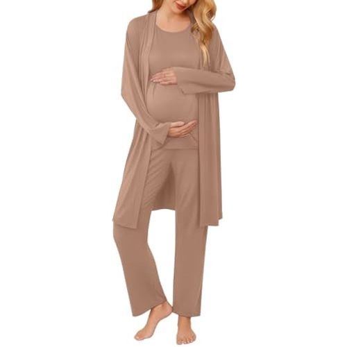 Ekouaer Maternity Nursing Robe Set 3 Pieces Sleeveless Top, Pregnancy Pants & Robe Double Layer Pajamas S-XXL