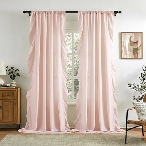 Dusty Pink Ruffle Curtains 84 Inches Long for Bedroom Living Room Rod Pocket Light Filtering Soft Victorian Romantic Ruffle Pleated Curtains for Girls Nursery Room Window Privacy Decor 52x84, Blush